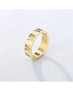 Fashion Hollow-out Roman Numeral Thin Style Wholesale Man or Womem Stainless Steel Ring - Golden
