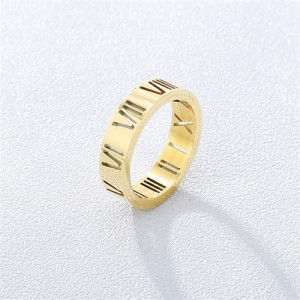 Fashion Hollow-out Roman Numeral Thin Style Wholesale Man or Womem Stainless Steel Ring - Golden