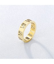 Fashion Hollow-out Roman Numeral Thin Style Wholesale Man or Womem Stainless Steel Ring - Golden