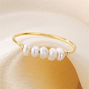 Fresh Water Pearl Thin Design Fashion Wholesale Womem Stainless Steel Ring - Golden