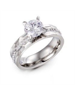 Couple Ring Classic Four Claws Design Cubic Zirconit Fashion Wholesale Womem Stainless Steel Ring - Silver