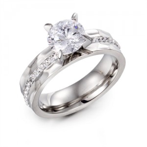 Couple Ring Classic Four Claws Design Cubic Zirconit Fashion Wholesale Womem Stainless Steel Ring - Silver