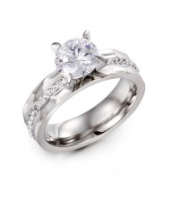 Couple Ring Classic Four Claws Design Cubic Zirconit Fashion Wholesale Womem Stainless Steel Ring - Silver