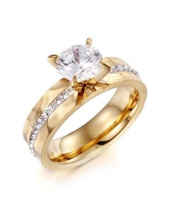 Couple Ring Classic Four Claws Design Cubic Zirconit Fashion Wholesale Womem Stainless Steel Ring - Golden