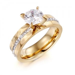 Couple Ring Classic Four Claws Design Cubic Zirconit Fashion Wholesale Womem Stainless Steel Ring - Golden