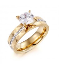 Couple Ring Classic Four Claws Design Cubic Zirconit Fashion Wholesale Womem Stainless Steel Ring - Golden