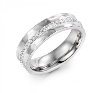 Couple Ring Simple Single Row Rhinestone Design Fashion Wholesale Man Stainless Steel Ring - Silver