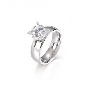 Couple Ring Four Claws Wide Design Cubic Zirconia Fashion Wholesale Women Stainless Steel Ring - Silver