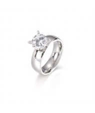 Couple Ring Four Claws Wide Design Cubic Zirconia Fashion Wholesale Man Stainless Steel Ring - Silver