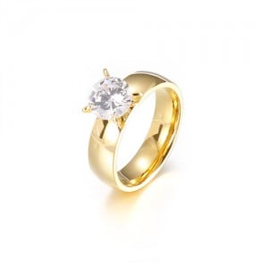 Couple Ring Four Claws Wide Design Cubic Zirconia Fashion Wholesale Women Stainless Steel Ring - Golden