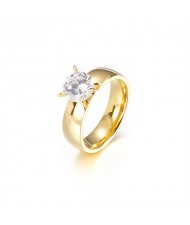 Couple Ring Four Claws Wide Design Cubic Zirconia Fashion Wholesale Women Stainless Steel Ring - Golden