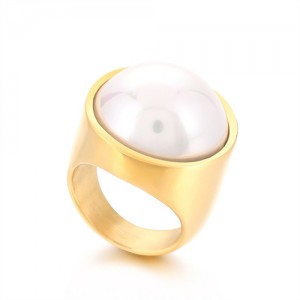 Golden Punk Style Round Wide Design High Fashion Wholesale Jewelry Women Stainless Steel Ring - Pearl