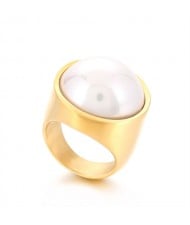 Golden Punk Style Round Wide Design High Fashion Wholesale Jewelry Women Stainless Steel Ring - Pearl