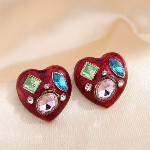Rhinestone Inlaid Heart Fashion Wholesale Stud Earrings - Red