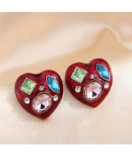 Rhinestone Inlaid Heart Fashion Wholesale Stud Earrings - Red