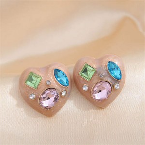 Rhinestone Inlaid Heart Fashion Wholesale Stud Earrings - Pink
