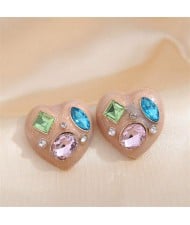 Rhinestone Inlaid Heart Fashion Wholesale Stud Earrings - Pink