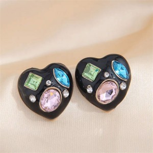 Rhinestone Inlaid Heart Fashion Wholesale Stud Earrings - Black