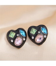 Rhinestone Inlaid Heart Fashion Wholesale Stud Earrings - Black
