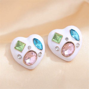 Rhinestone Inlaid Heart Fashion Wholesale Stud Earrings - White