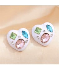 Rhinestone Inlaid Heart Fashion Wholesale Stud Earrings - White