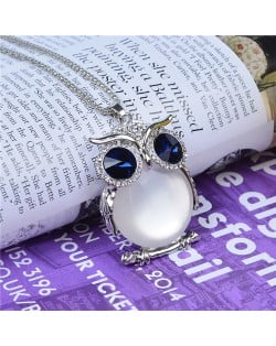 Rhinestone and Opal Embellished Blue Eye Night-owl Long Style Fashion Necklace - Silver