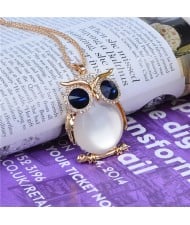Rhinestone and Opal Embellished Blue Eye Night-owl Long Style Fashion Necklace - Golden