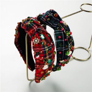 (2 Colors Available) 1 Piece Christmas Accessories Plaid Rhinestone Decorated Wholesale Handmade Fashion Hairhoop