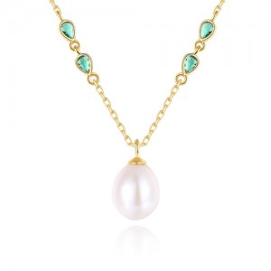 Silver Jewelry Green Cubic Zirconia Pearl Pendant Wholesale Women 925 Sterling Silver Necklace