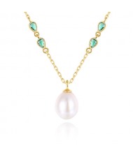 Silver Jewelry Green Cubic Zirconia Pearl Pendant Wholesale Women 925 Sterling Silver Necklace