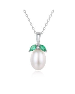 Silver Jewelry Fashion Green Leaves Natural Pearl Pendant Wholesale Women 925 Sterling Silver Necklace
