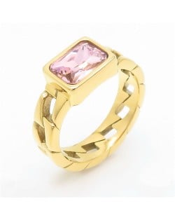 Vintage Rectangle Exaggerated Chain Design Fashion Wholesale Women Stainless Steel Ring - Pink