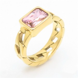 Vintage Rectangle Exaggerated Chain Design Fashion Wholesale Women Stainless Steel Ring - Pink