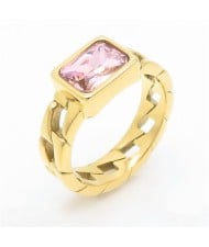 Vintage Rectangle Exaggerated Chain Design Fashion Wholesale Women Stainless Steel Ring - Pink