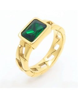 Vintage Rectangle Exaggerated Chain Design Fashion Wholesale Women Stainless Steel Ring - Green