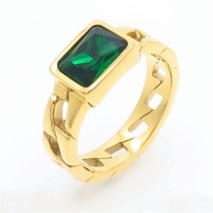 Vintage Rectangle Exaggerated Chain Design Fashion Wholesale Women Stainless Steel Ring - Green