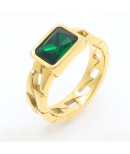 Vintage Rectangle Exaggerated Chain Design Fashion Wholesale Women Stainless Steel Ring - Green