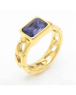 Vintage Rectangle Exaggerated Chain Design Fashion Wholesale Women Stainless Steel Ring - Grape
