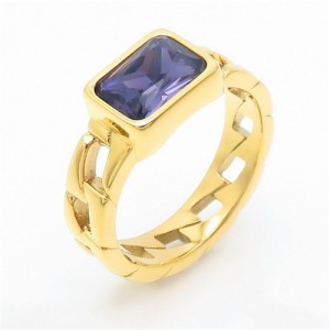 Vintage Rectangle Exaggerated Chain Design Fashion Wholesale Women Stainless Steel Ring - Grape