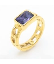 Vintage Rectangle Exaggerated Chain Design Fashion Wholesale Women Stainless Steel Ring - Grape
