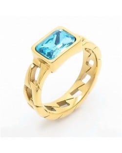 Vintage Rectangle Exaggerated Chain Design Fashion Wholesale Women Stainless Steel Ring - Sky Blue
