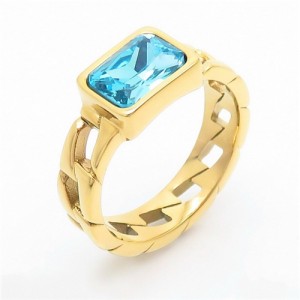 Vintage Rectangle Exaggerated Chain Design Fashion Wholesale Women Stainless Steel Ring - Sky Blue
