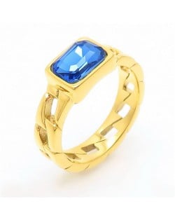 Vintage Rectangle Exaggerated Chain Design Fashion Wholesale Women Stainless Steel Ring - Blue