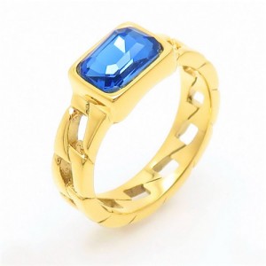 Vintage Rectangle Exaggerated Chain Design Fashion Wholesale Women Stainless Steel Ring - Blue