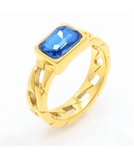 Vintage Rectangle Exaggerated Chain Design Fashion Wholesale Women Stainless Steel Ring - Blue