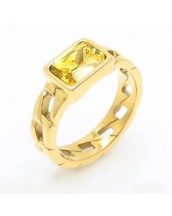 Vintage Rectangle Exaggerated Chain Design Fashion Wholesale Women Stainless Steel Ring - Yellow