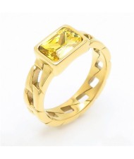 Vintage Rectangle Exaggerated Chain Design Fashion Wholesale Women Stainless Steel Ring - Yellow
