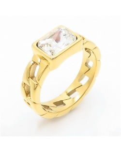 Vintage Rectangle Exaggerated Chain Design Fashion Wholesale Women Stainless Steel Ring - Clear