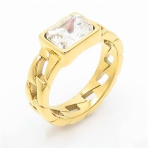 Vintage Rectangle Exaggerated Chain Design Fashion Wholesale Women Stainless Steel Ring - Clear