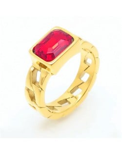Vintage Rectangle Exaggerated Chain Design Fashion Wholesale Women Stainless Steel Ring - Red